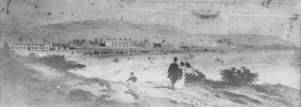 Panoramic view of Manly Beach from Fairy Bower, Manly, c1850s