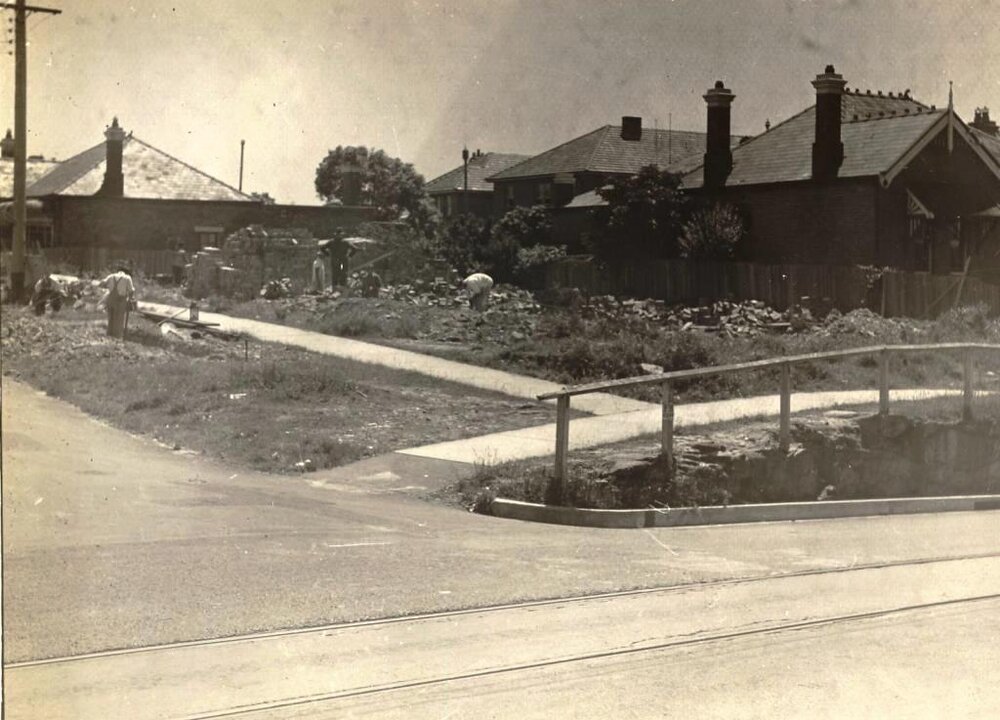 Construction continues on footpaths, c1940s
