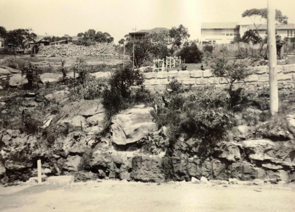 Gardens and stone walls and surrounds adjacent to road, c1940s