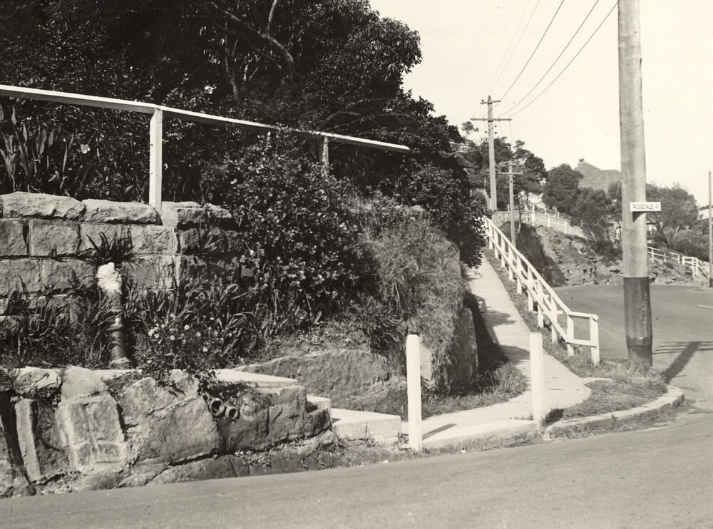 Pedestrian ramp at the corner of Rosedale Avenue and unidentified road, Fairlight, c1940s