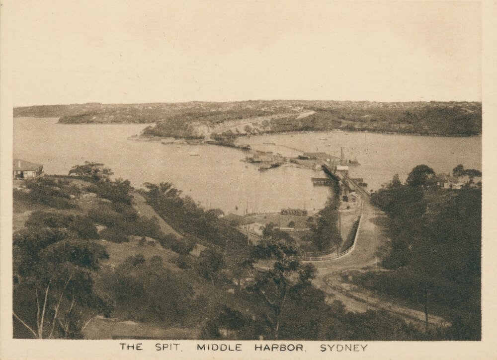Elevated view facing south over The Spit Bridge, Middle Harbour, Seaforth, c1920s