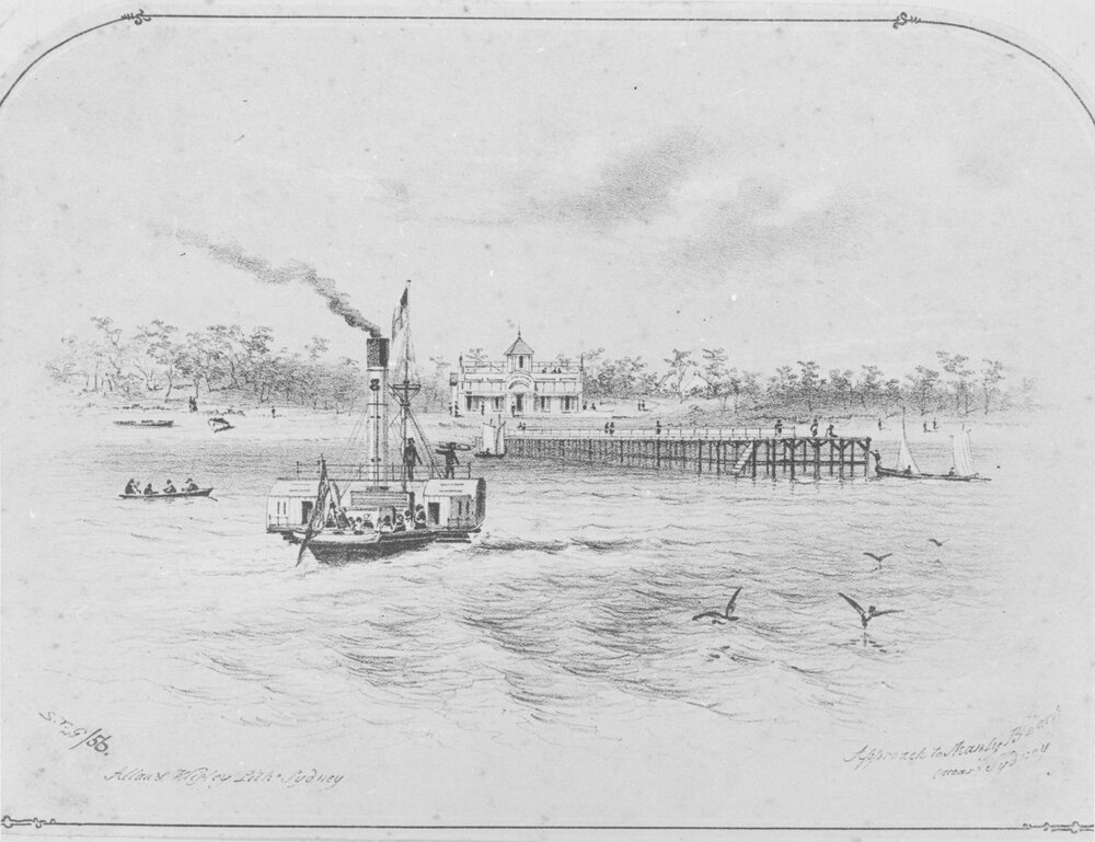 Painting showing Paddle steamer SS Mystery arriving at Manly Wharf, Manly, 1856
