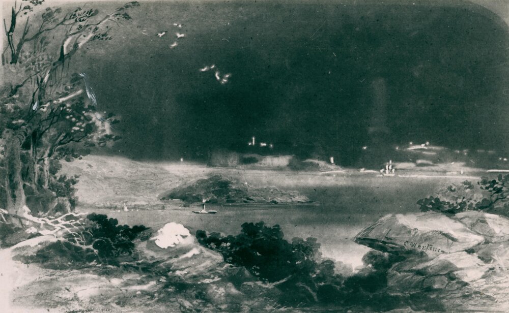 Ship going through heads with steamship in Manly Cove, Manly, c1860s