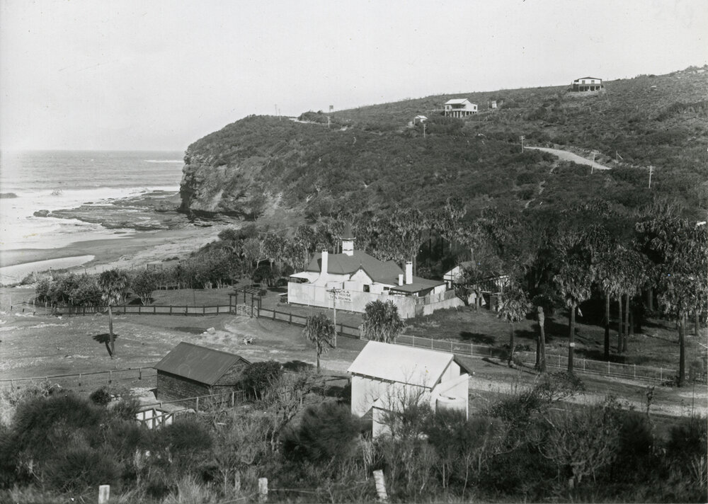 Bilgola House with tea rooms sign on side, Bilgola Beach 1920s