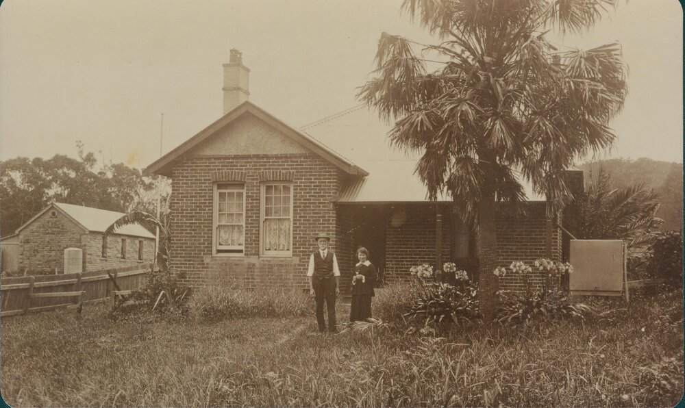 Robert Harper and Hannah Harper in front of teachers residence, Newport, c1906