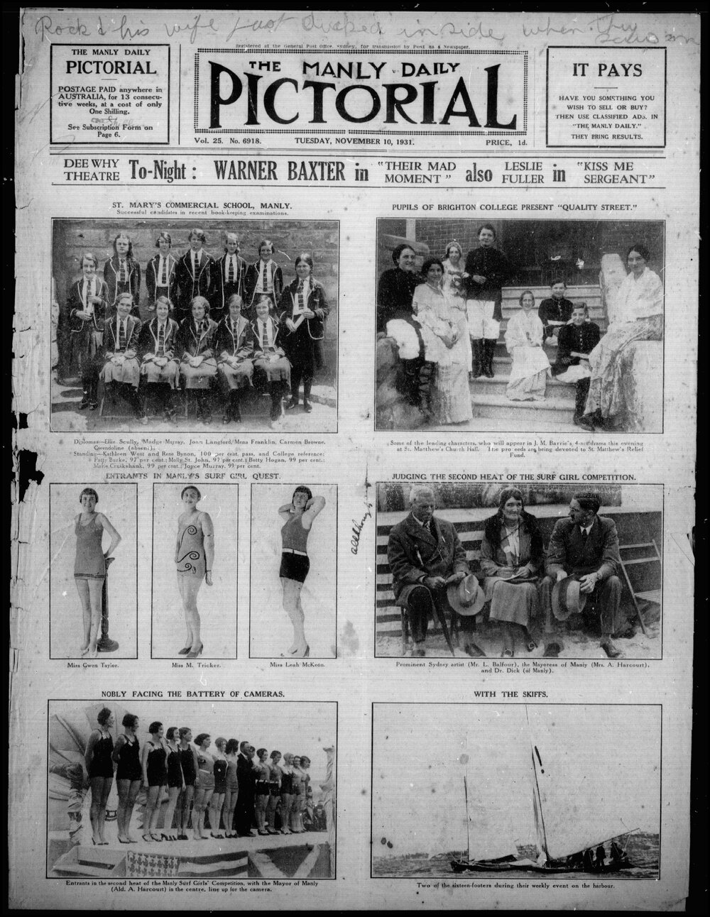 The Manly Daily Pictorial Tuesday, 10 November 1931