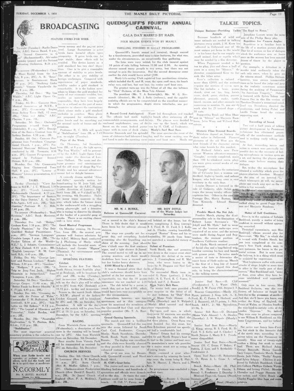 The Manly Daily Pictorial Tuesday, 1 December 1931