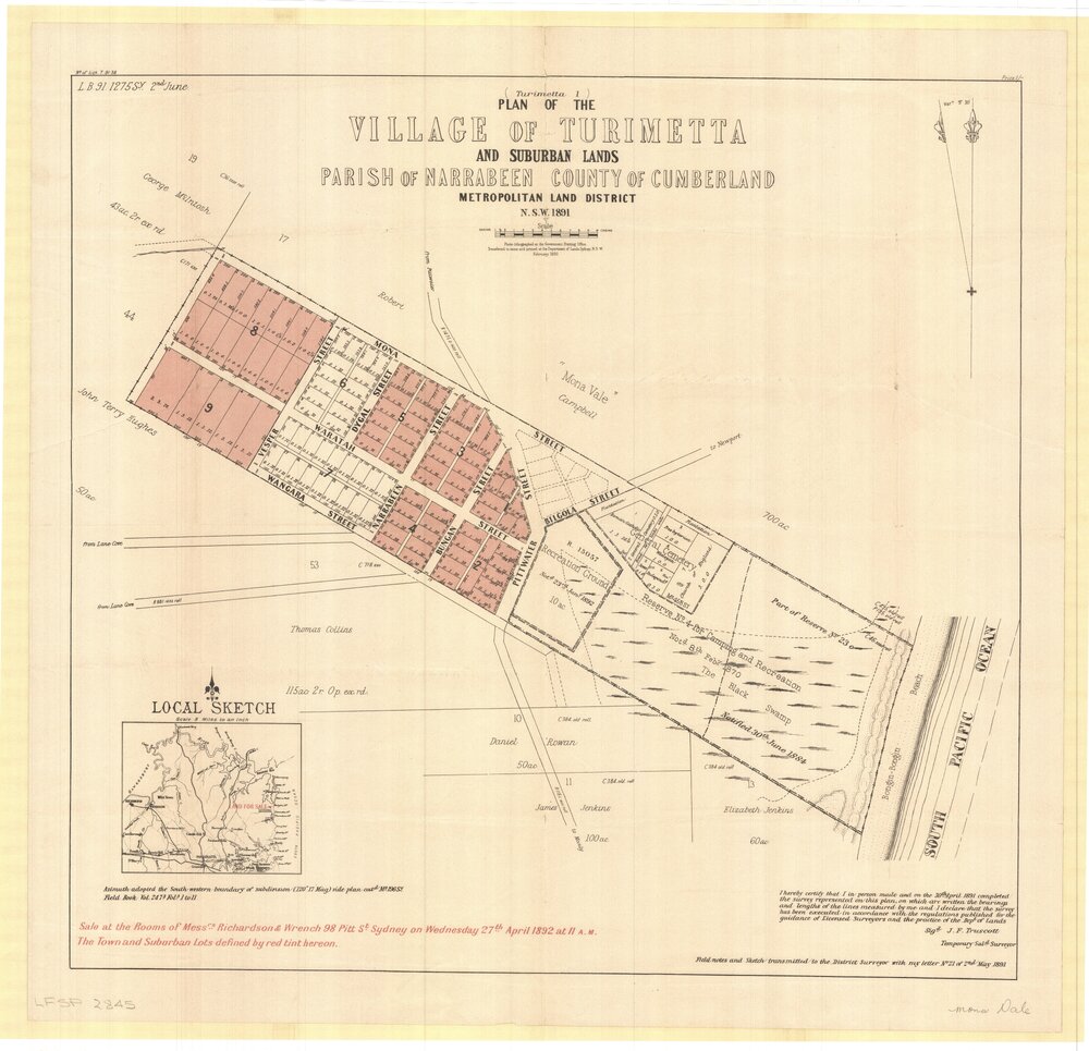 Village of Turimetta Plan, Mona Vale, 1892