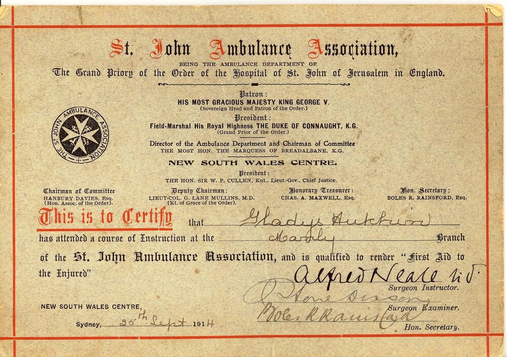 St John Ambulance First Aid certificate, Gladys Hutchin 1914