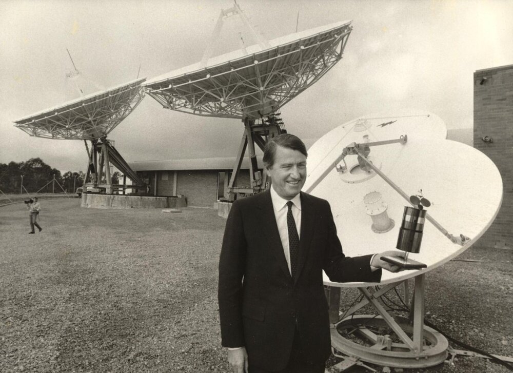 Neville Wran at Belrose Aus-sat station, c1980s