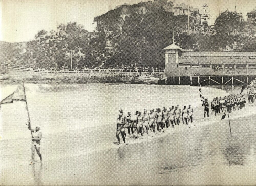 Surf carnival march past, Ocean Beach, Manly, c1930s