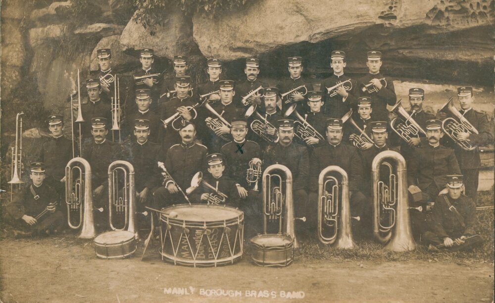 Group portrait of members of the Manly Borough Brass Band, c1912