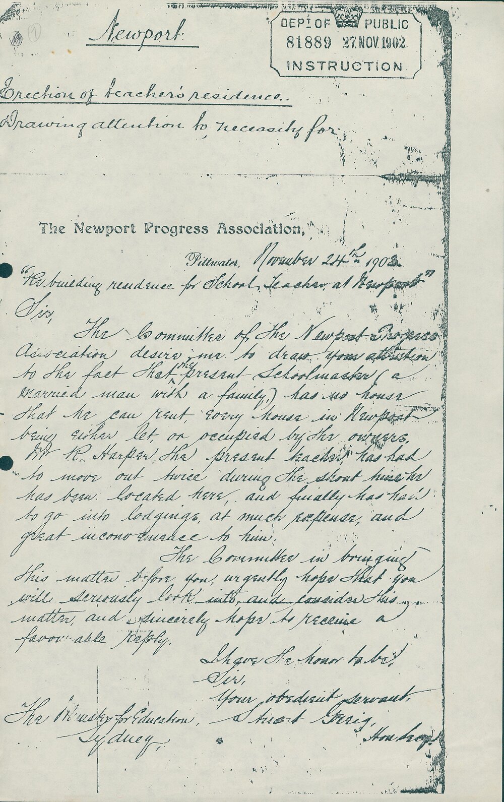 Letter From Newport Progress Association regarding the construction of a teacher's residence, Newport, 1902