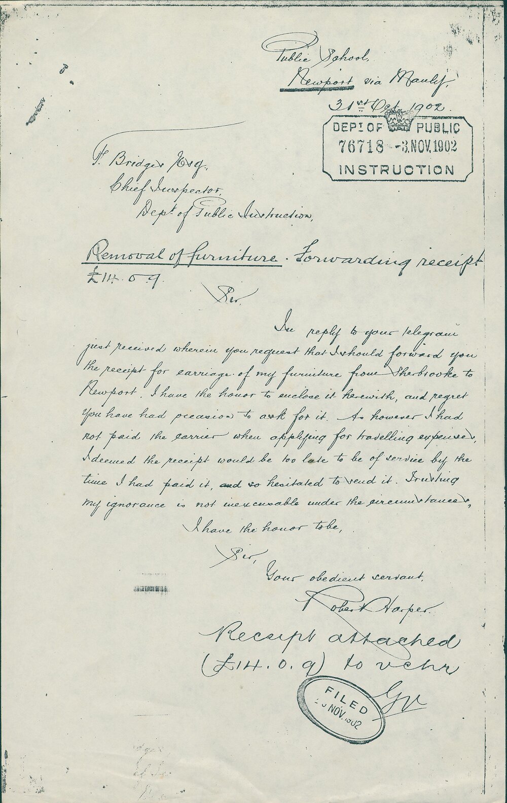 Letter from Robert Harper regarding the receipt for the removal of furniture, Newport, 1902