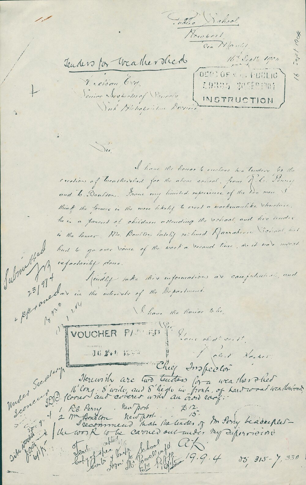 Letter from Robert Harper regarding Weathershed Tenders, Newport Public School, 1904