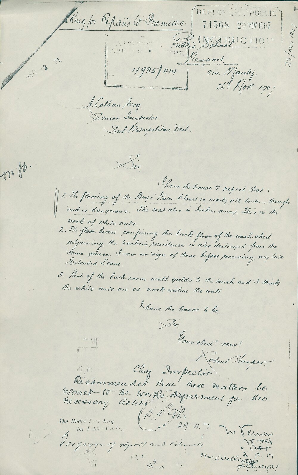 Letter from Robert Harper regarding White Ant Damage, Newport Public School , 1907