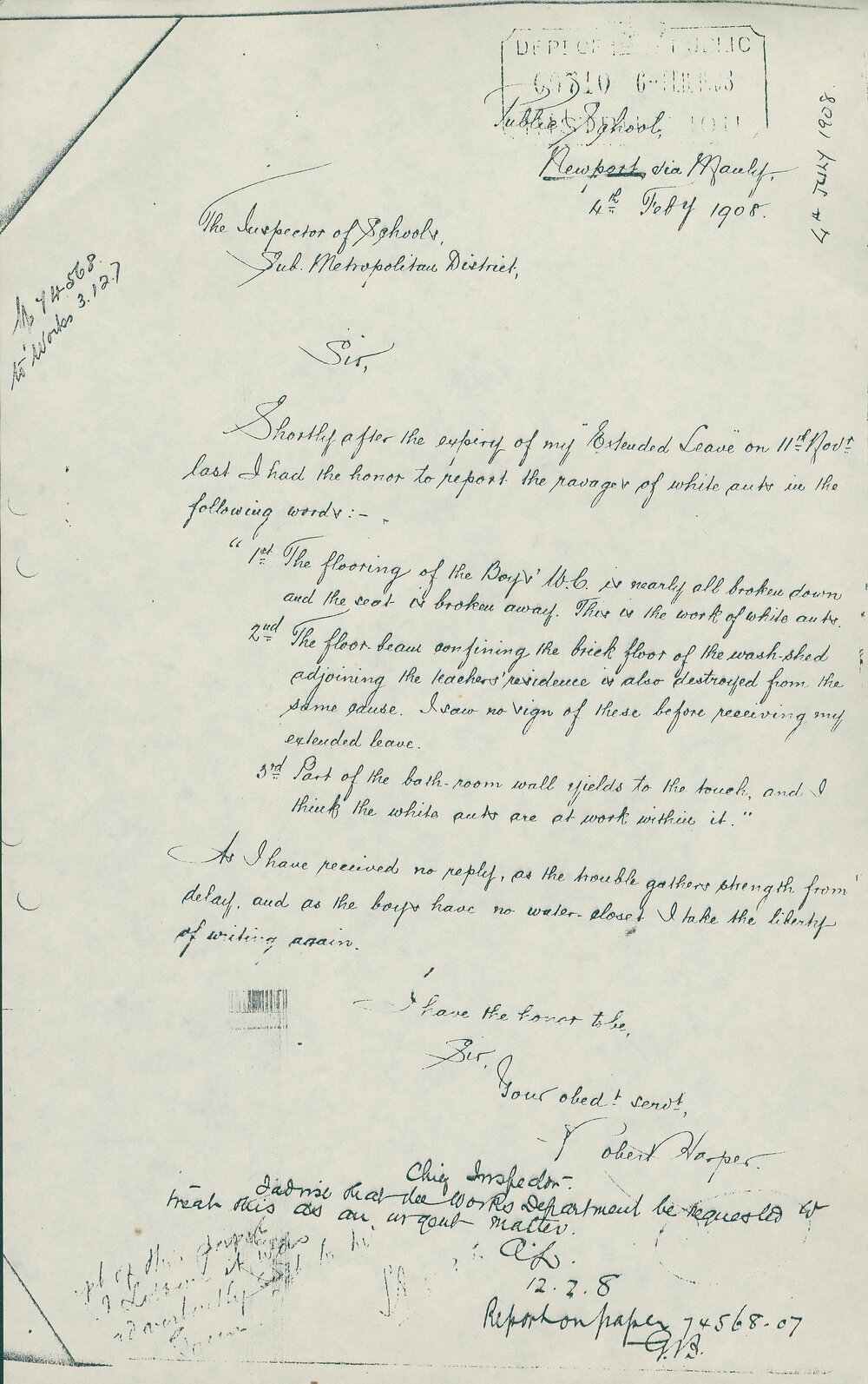 Follow Up Letter from Robert Harper Regarding White Ant Damage, Newport, 1908