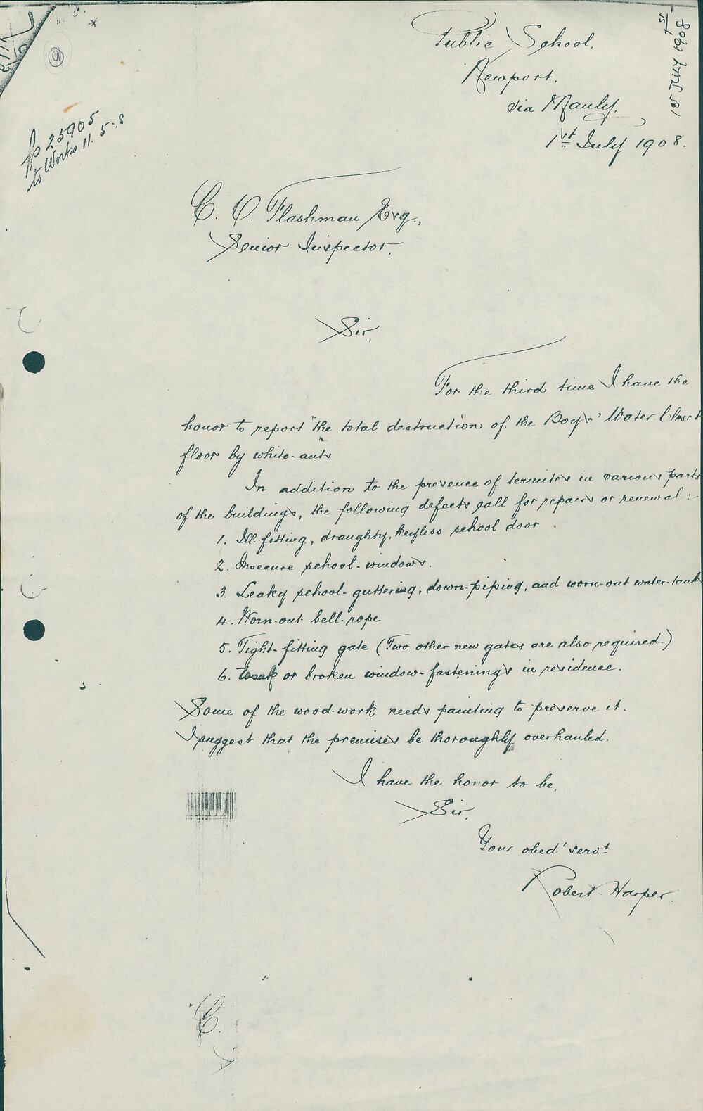 Letter from Robert Harper regarding destruction of water closet, Newport, 1908