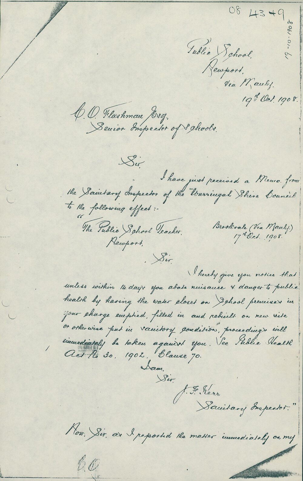 Letter from Robert Harper regarding sanitary nuisance, Newport, 1908
