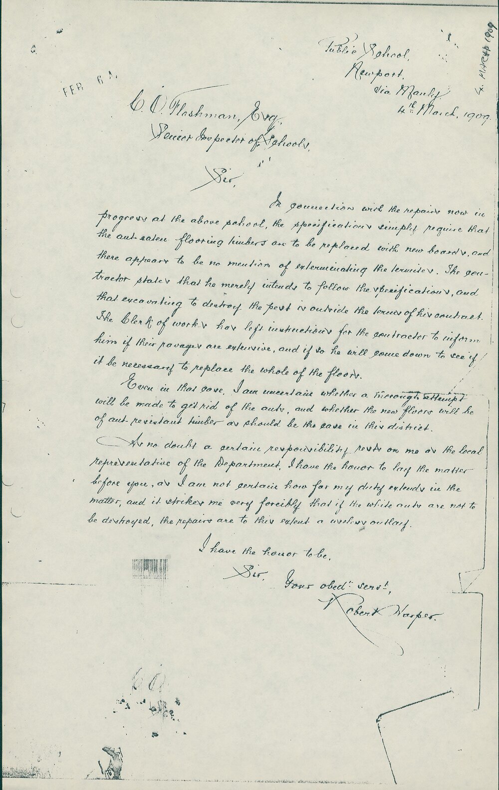 Letter from Robert Harper on repairs to White Ant Damage, Newport, 1909