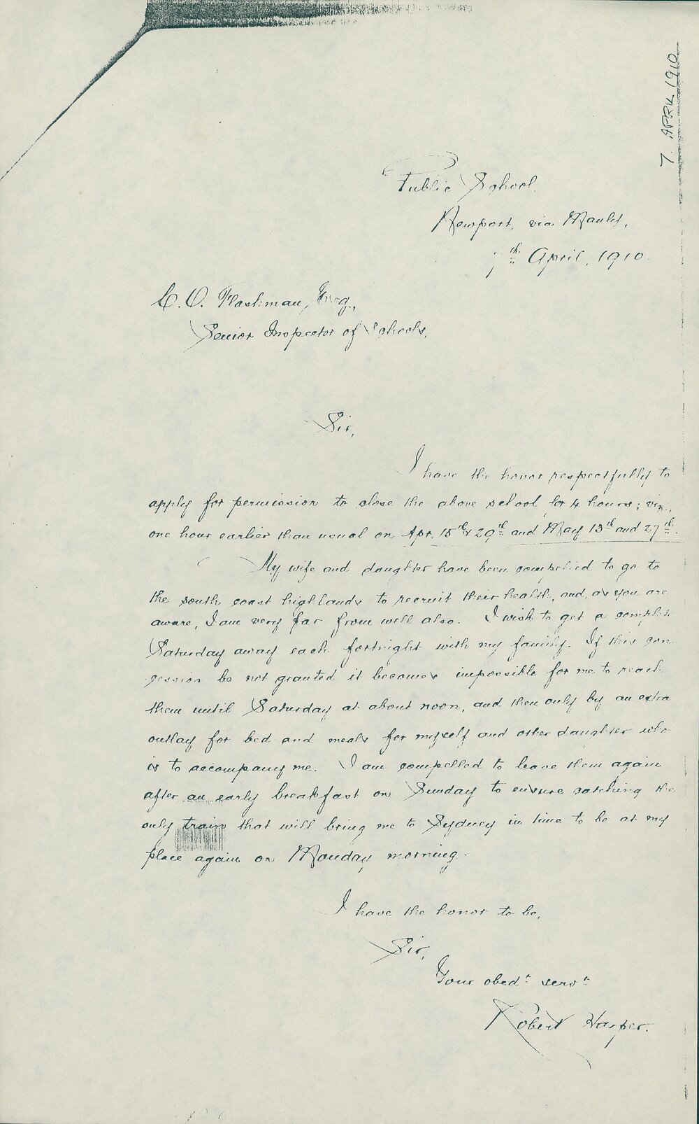Letter from Robert Harper requesting time to see his sick wife and daughter, Newport, 1910
