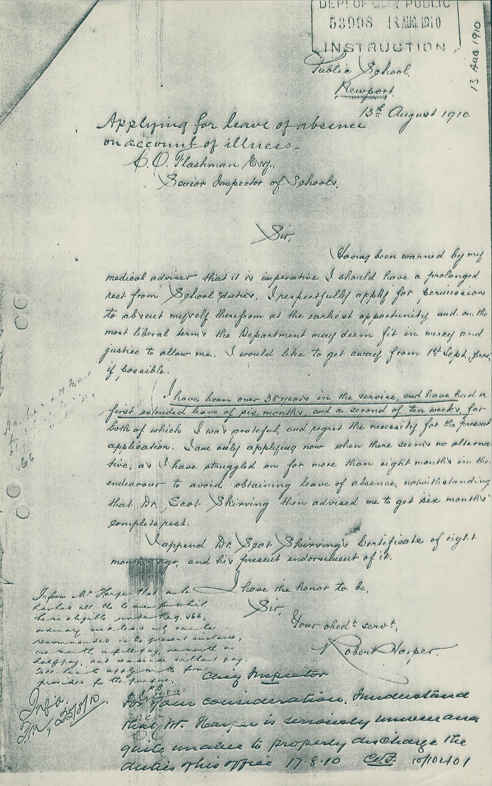 Letter from Robert Harper to Charles Oldrey Flashman applying for 6 months leave, Newport, 1910