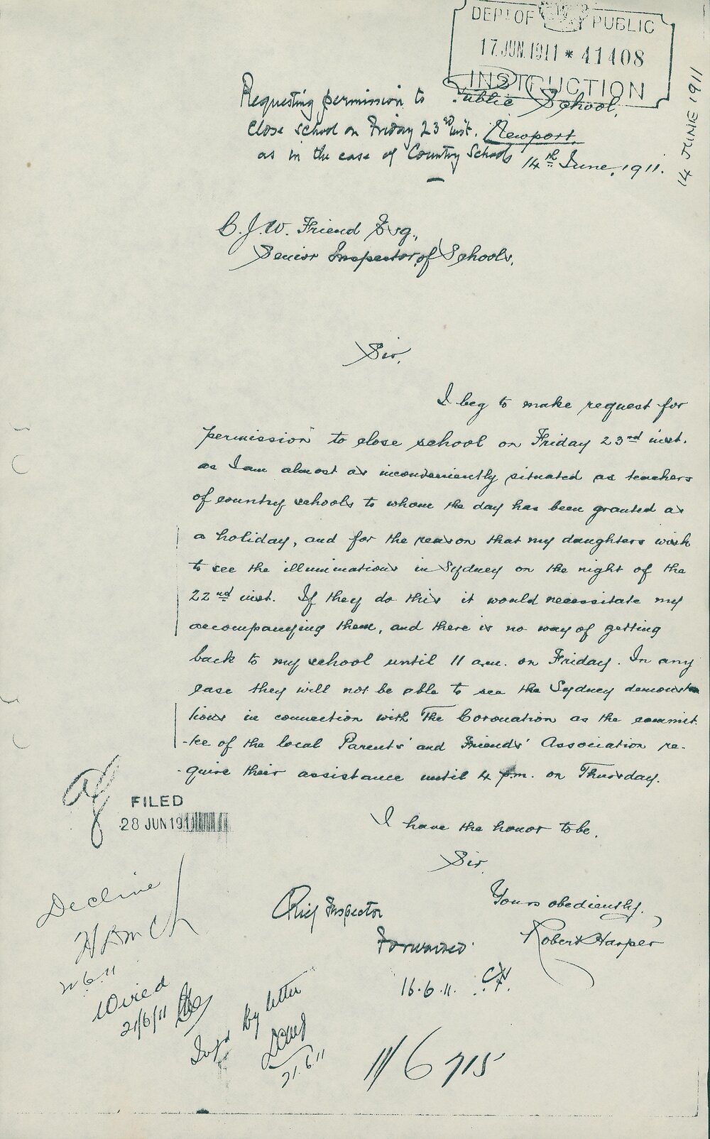 Letter from Robert Harper to Charles Friend requesting time to see the Illuminations, Newport, 1911