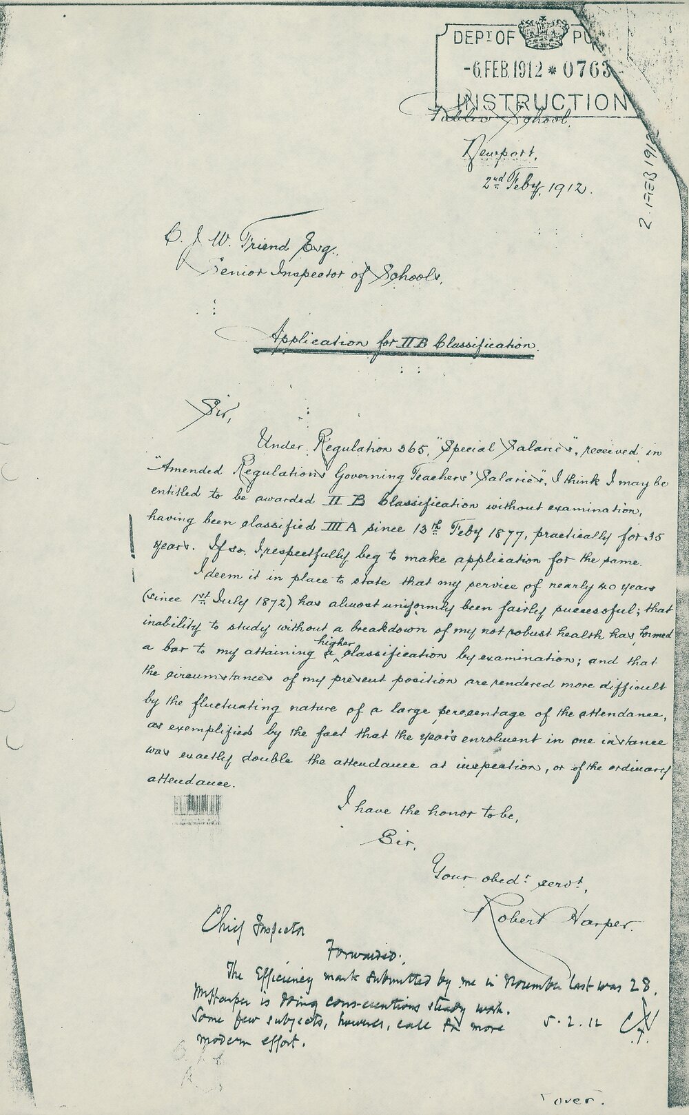 Application from Robert Harper for IIB Classification, Newport, 1912