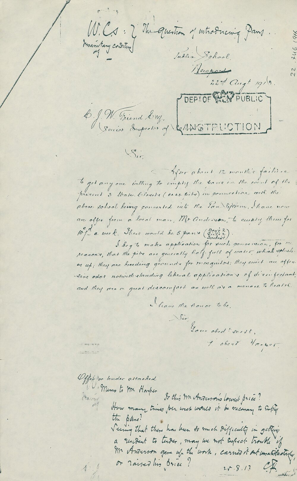 Letter from Robert Harper to Charles Friend informing him of Mr Andersens offer, Newport, 1913