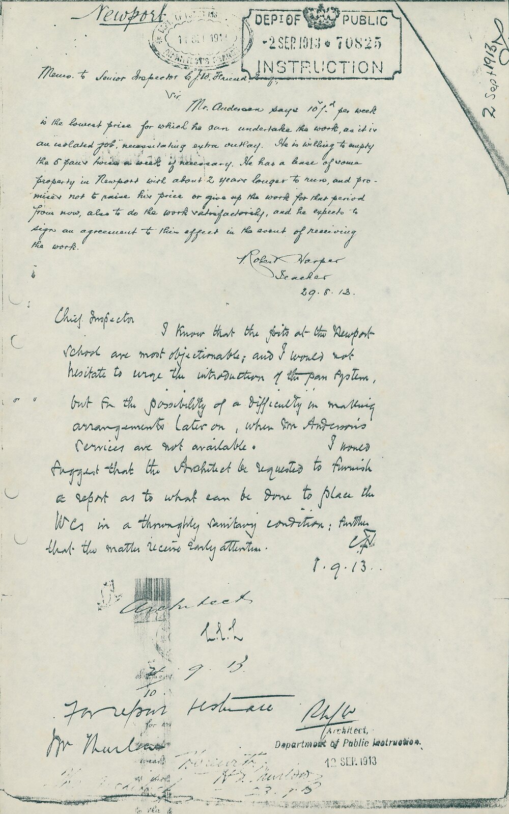 Reply from Robert Harper to Charles Friend on Mr Andersens Offer, Newport, 1913