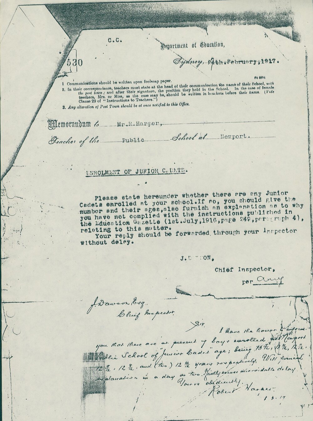 Memo from James Dawson to Robert Harper regarding Junior Cadets, 1917
