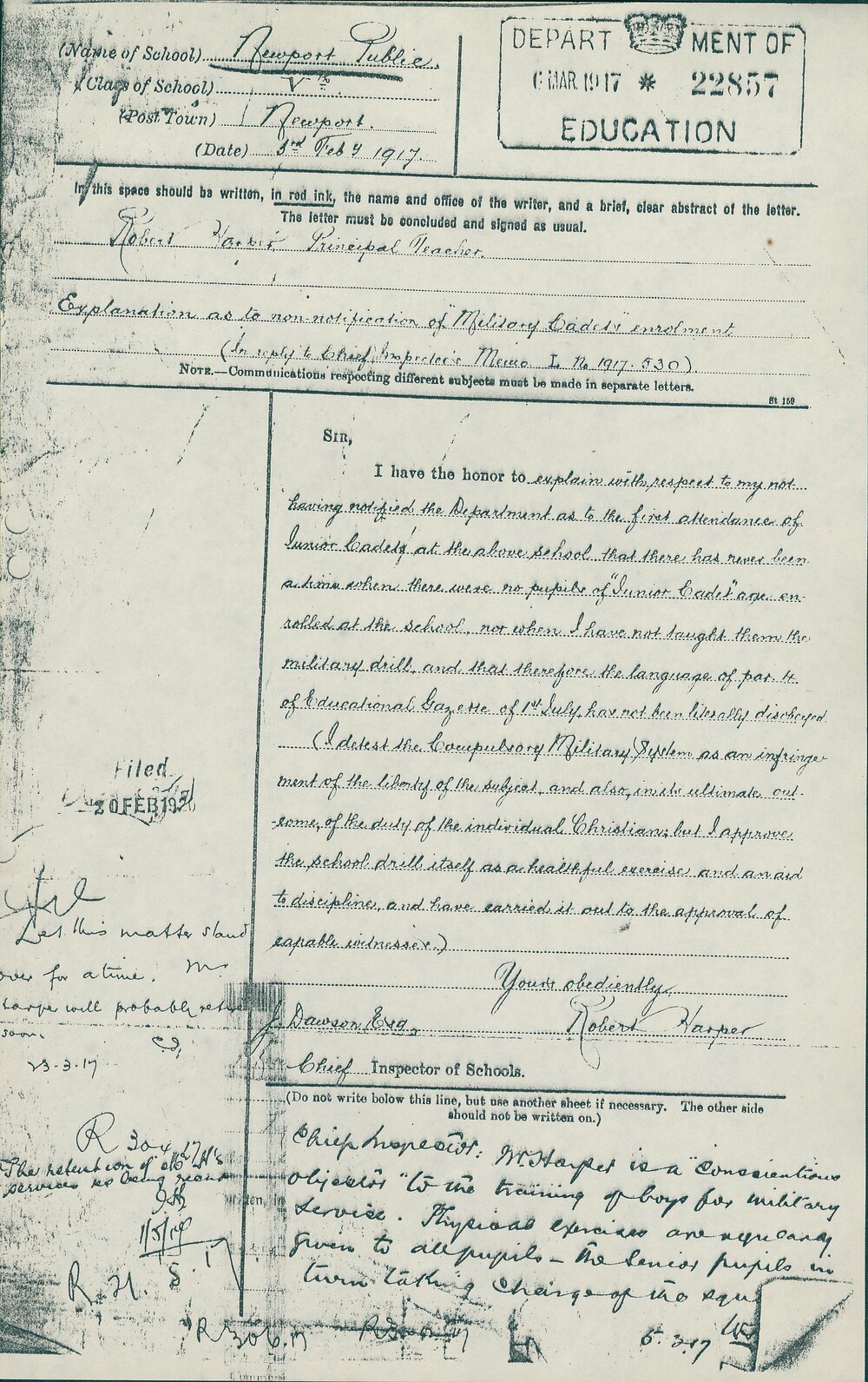 Letter from Robert Harper to James Dawson regarding non-notification of Junior Cadet Enrolment, Newport, 1917