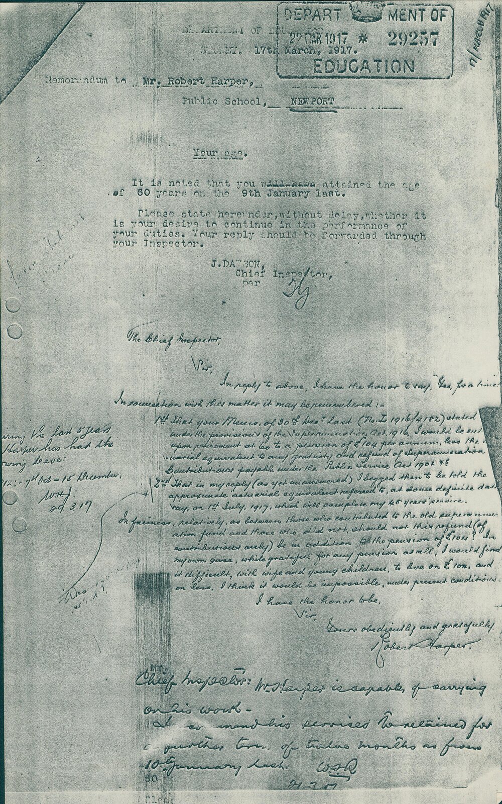 Memo from James Dawson to Robert Harper regarding Retirement Plans, Sydney, 1917