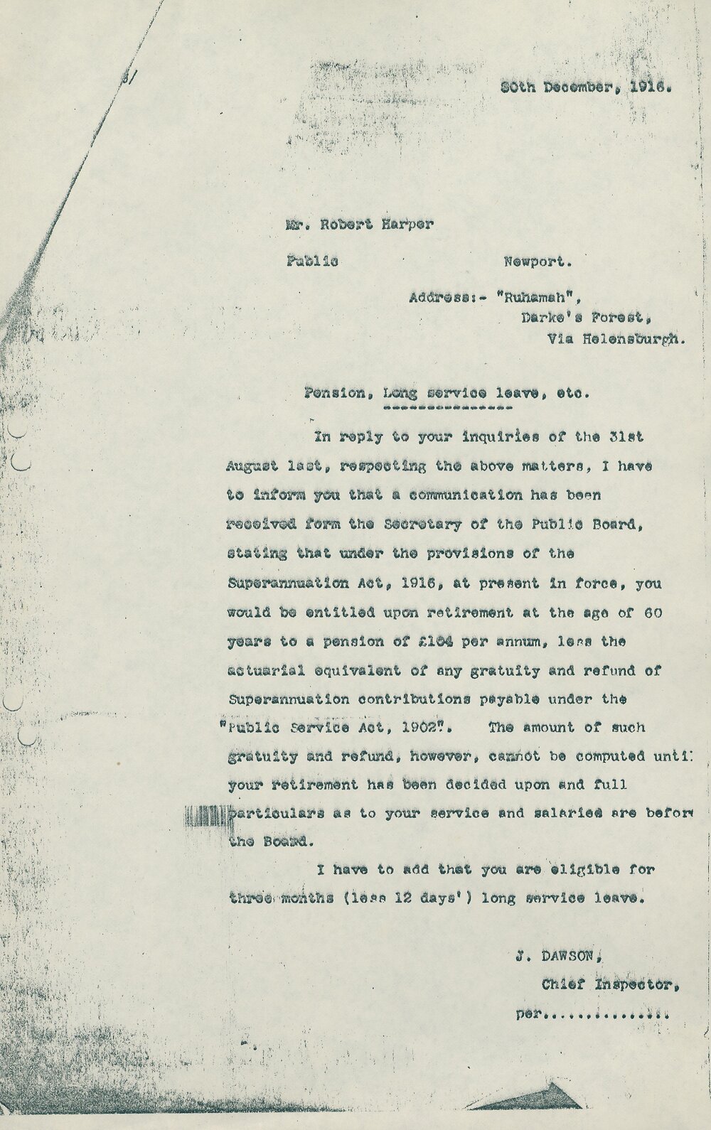 Letter from James Dawson to Robert Harper regarding Long Service Leave, 1916