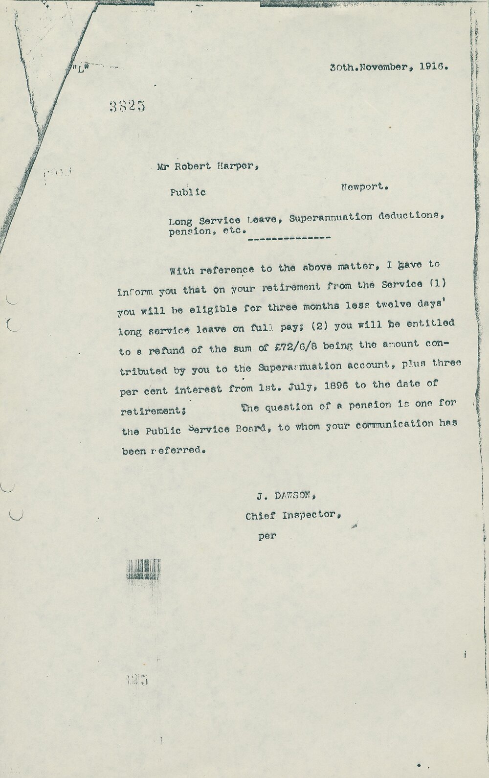 Letter from James Dawson to Robert Harper regarding Superannuation, 1916