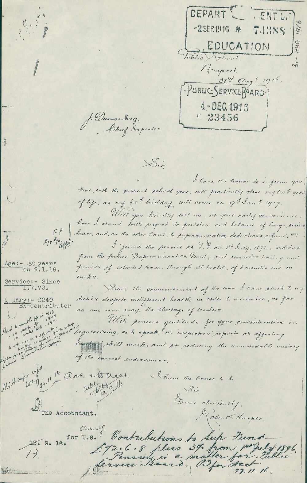 Letter from Robert Harper to James Dawson regarding superannuation and leave, Newport, 1916