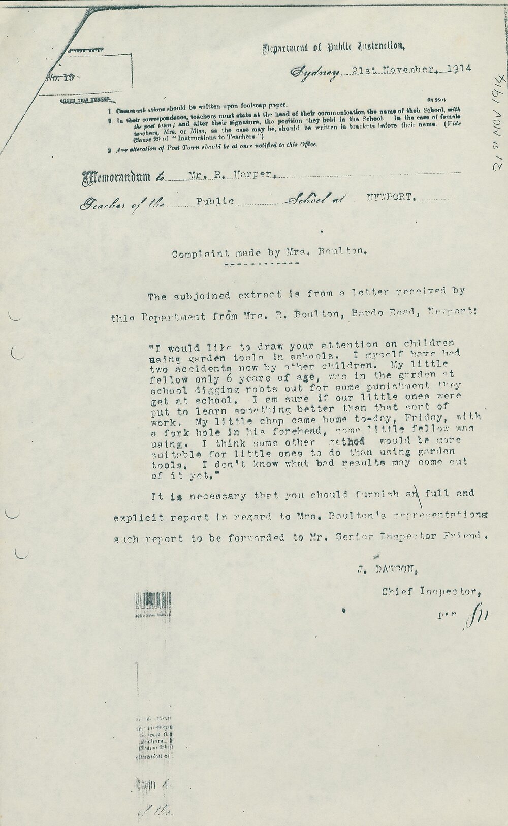 Memo from James Dawson to Robert Harper regarding Mrs Boulton's Complaint, Sydney, 1914