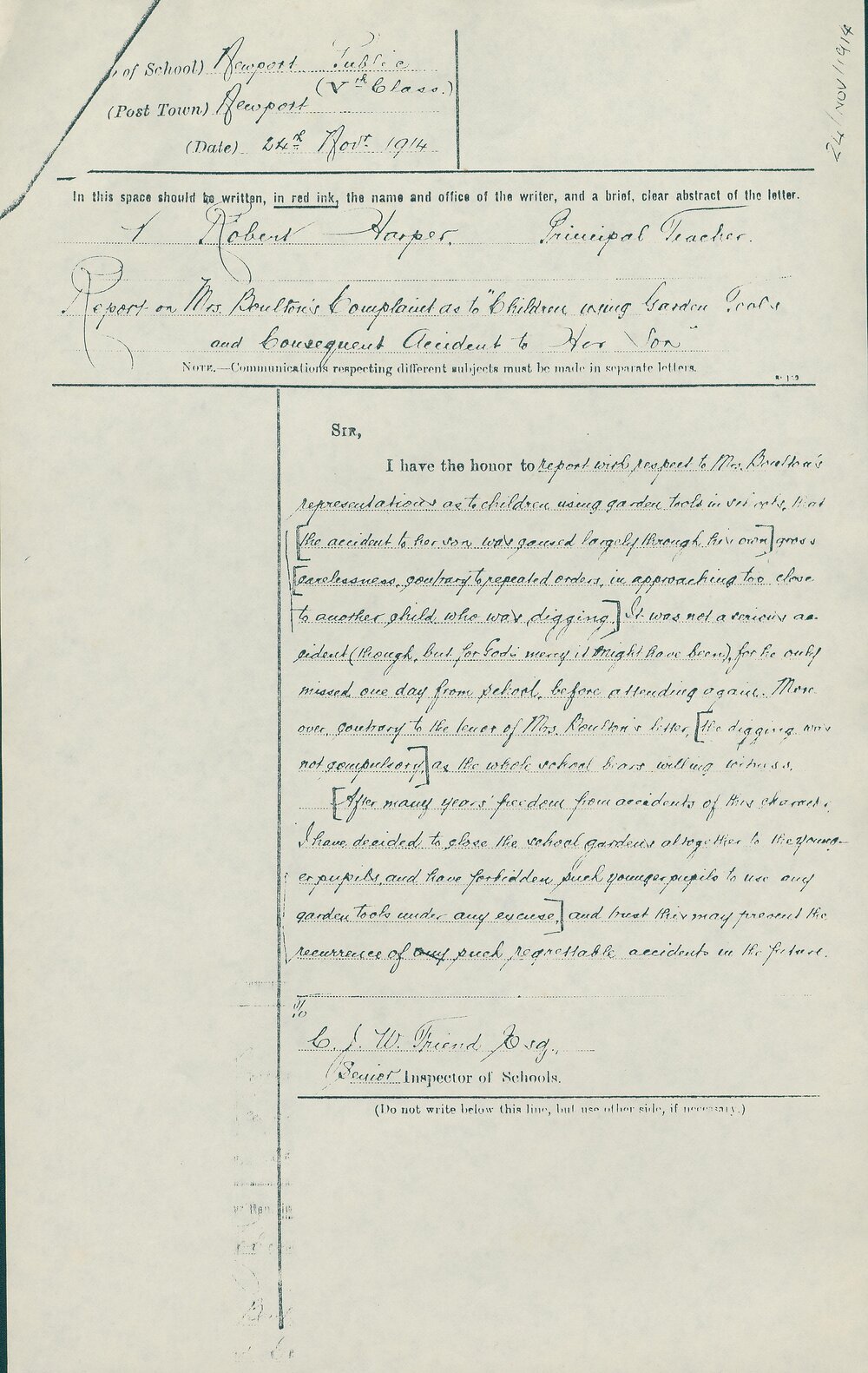 Report on Mrs Boulton's Complaint to Children Using Garden Tools and Consequent Accident to Her Son, Newport, 1914