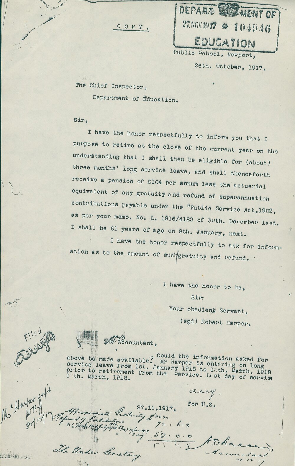 Copy of Letter of Retirement from Robert Harper, Newport, 1917