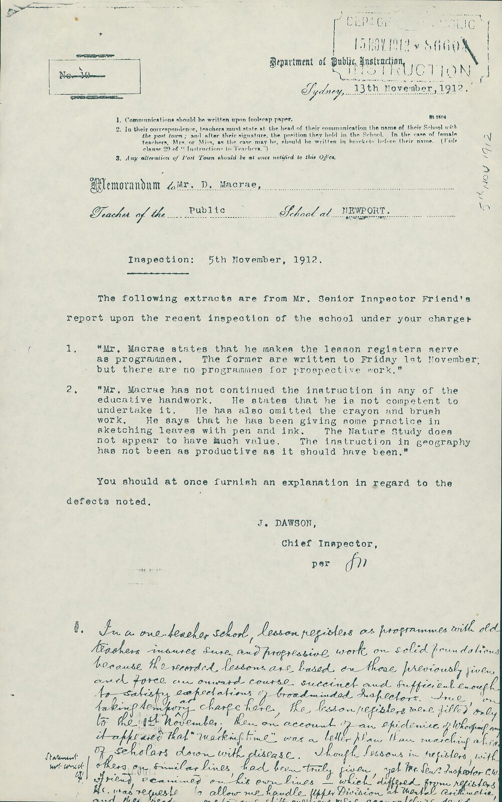 Memo from James Dawson to Mr D Macrae on Inspection Defects, Newport, 1912