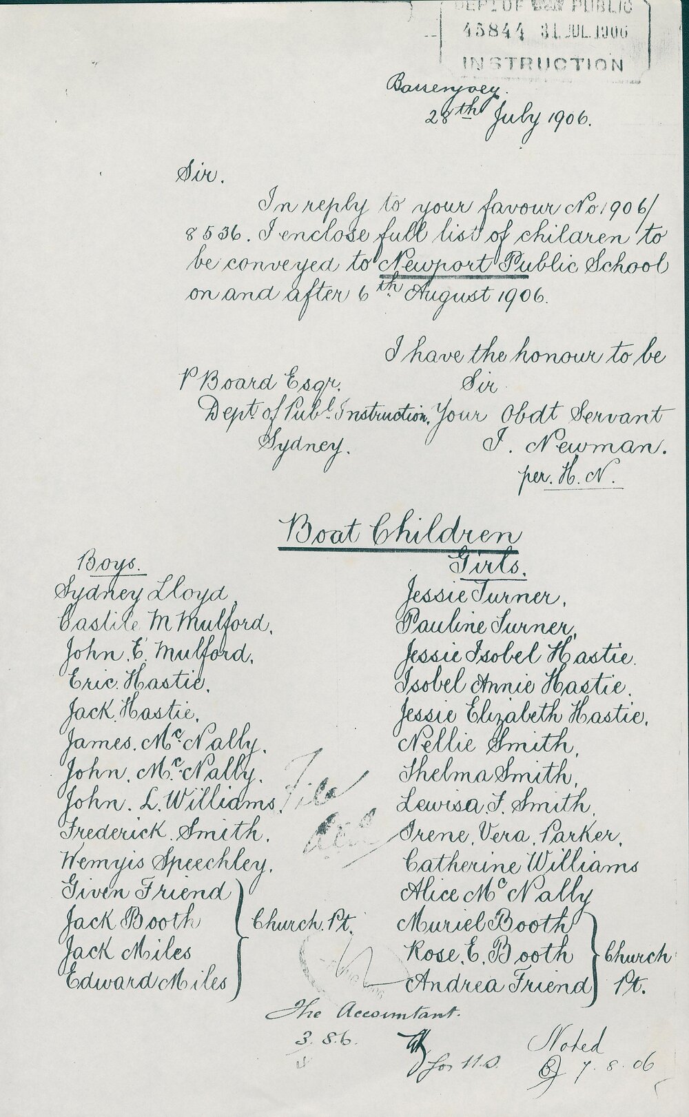 Letter from Isaac Newman to Peter Board regarding Boat Children, Palm Beach, 1906
