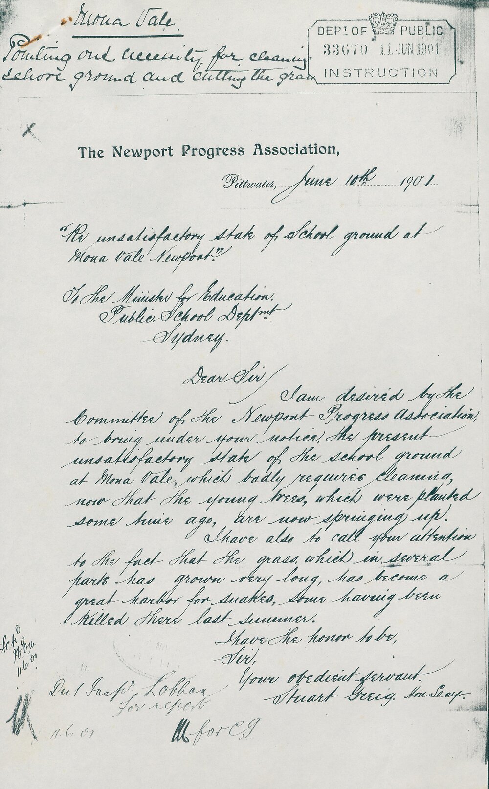 Letter from Stuart Greig to the Minister for Eduation regarding long grass, Newport, 1901