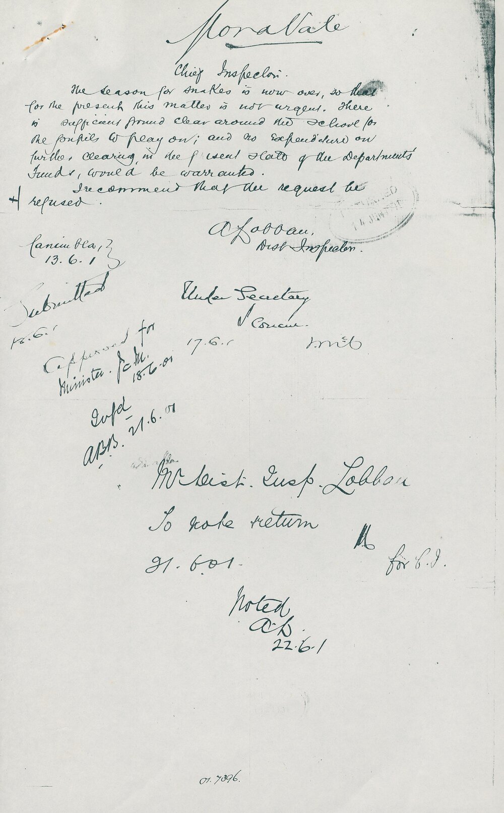 Report from Alexander Lobban regarding Long Grass, 1901