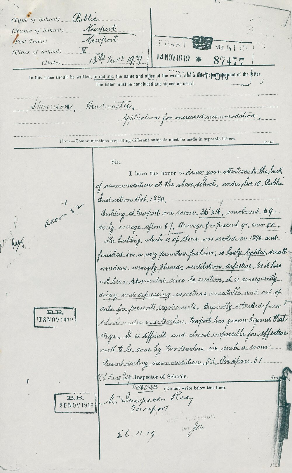 Application from S Morrison for Increased Accommodation, Newport, 1919