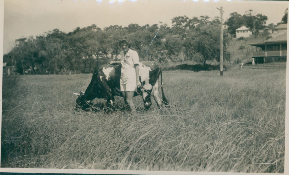 A woman with a cow, Narrabeen, 1943