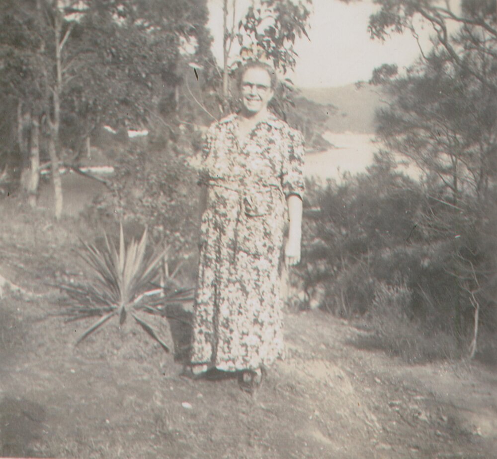 Nanna Gill standing with Pittwater Behind her, Scotland Island, c1960