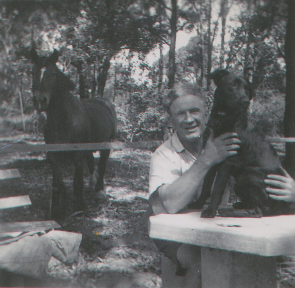 Granddad Gill and Digger the Dog, Scotland Island, c1960