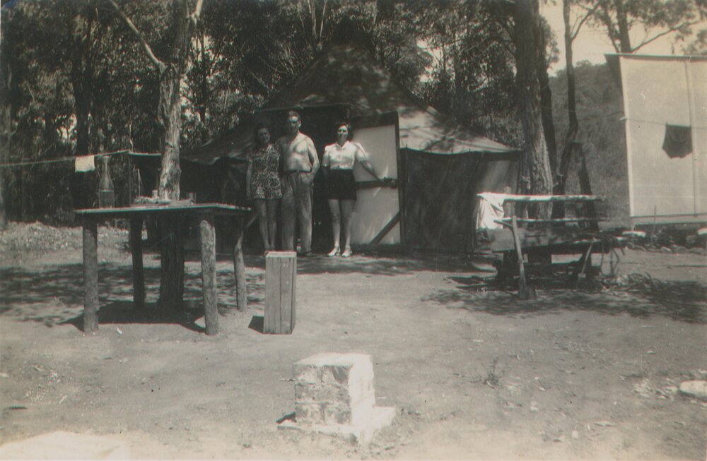 Gill Family Members outside tent, Scotland Island