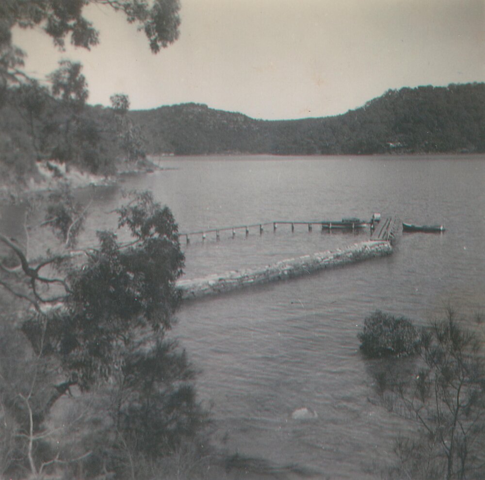 Tennis Court Wharf being built, Scotland Island, c1960