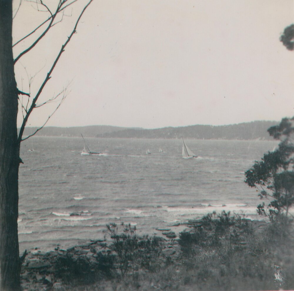 Sailing boats on a windy day on Pittwater, Scotland Island, c1960